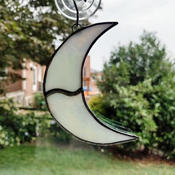 Stained Glass Crescent Moon Suncatcher, Rainbow Iridescent White Art Glass