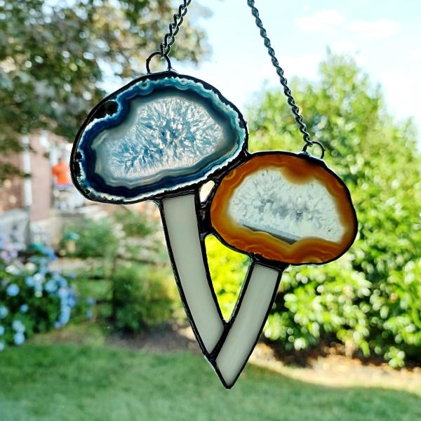 Mushrooms Agate Geode and Stained Glass Suncatcher, Blue and Brown Mushroom Cluster