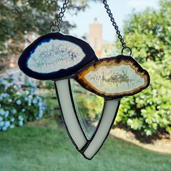 Mushrooms Agate Geode and Stained Glass Suncatcher, Blue and Brown Mushroom Cluster