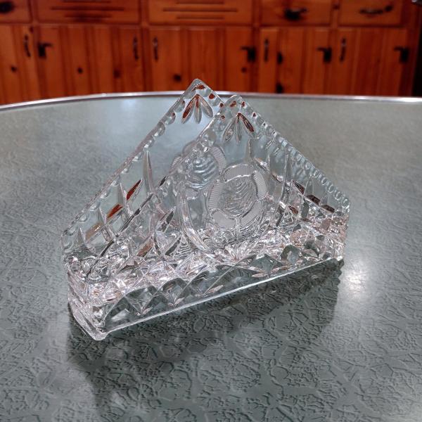 Vintage Crystal Glass Napkin Holder with Rose Design, Clear Glass Mail / Desk Organizer