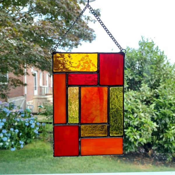 Orange, Red, and Amber Yellow Geometric Stained Glass Panel Suncatcher