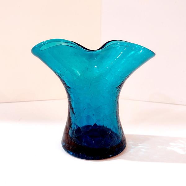 Vintage Blenko Blue Crackle Glass Pinched Vase, Teal Aqua Blue Small Glass Vase