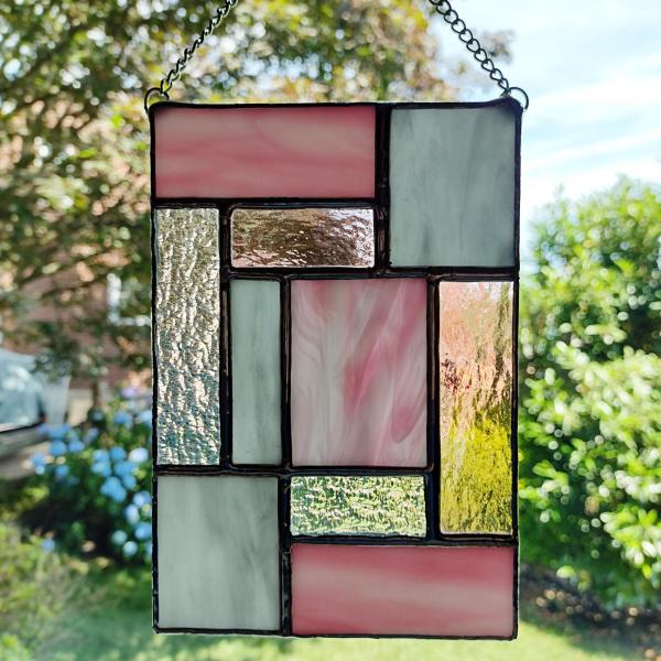 Pink and Gray Geometric Stained Glass Suncatcher, Mondrian Style Art