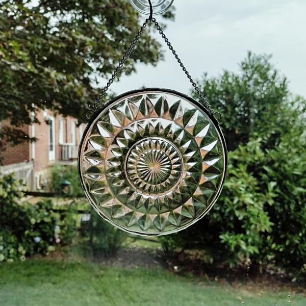 Vintage Pink Depression Glass Plate Window Hanging, Upcycled Art