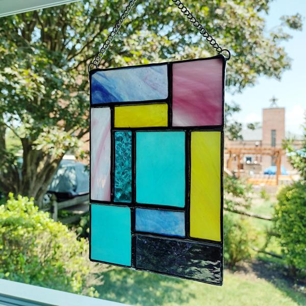 Purple, Pink, Blue, and Yellow Geometric Stained Glass Panel Suncatcher, Mondrian Stained Glass Art