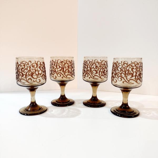 Vintage Libbey Prado Tawny Brown Scroll Wine Glasses, Set of Four