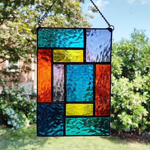 Rainbow Geometric Stained Glass Panel Suncatcher, Mondrian Stained Glass Art