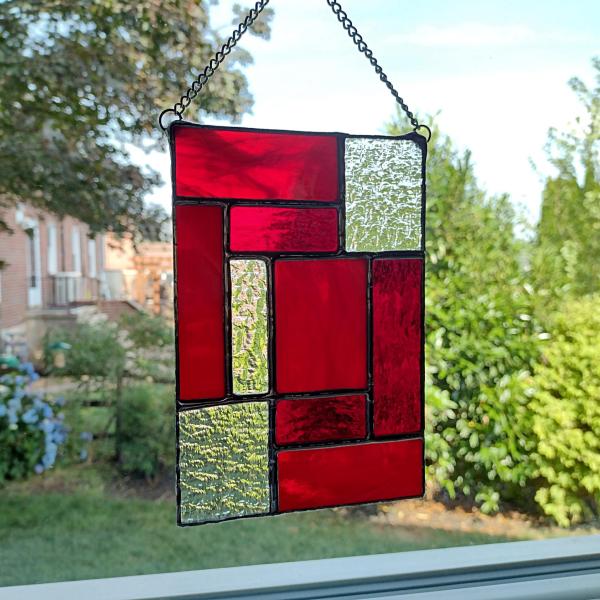 Red Geometric Stained Glass Panel Suncatcher, Mondrian Stained Glass Art