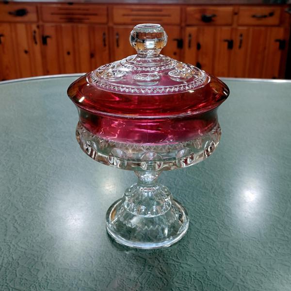 Vintage Tiffin Ruby Red King's Crown Thumbprint Compote with Lid, Ruby Red Flash Glass Candy Dish Bowl
