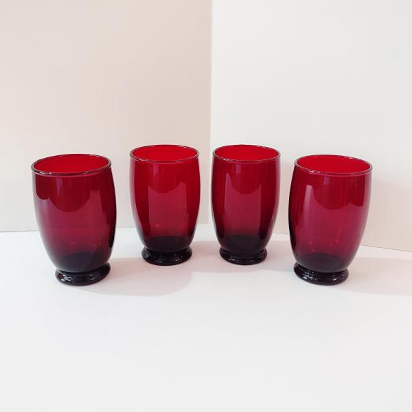 Vintage Anchor Hocking Footed Baltic Ruby Red 12 Ounce Water Goblets, Tumbler Glasses, Set of Four
