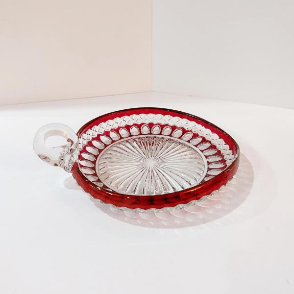 Vintage Westmoreland Waterford Ruby Red Flash Glass Thumbprint Candy Nut Serving Dish with Handle