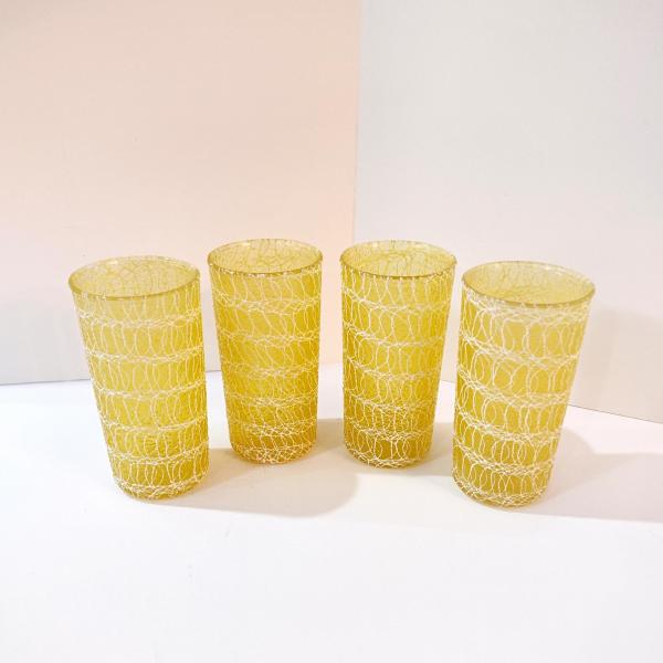 Vintage Spaghetti String Glasses, Set of Four, Color Craft Shat R Pruf 12 Ounce Yellow Tumblers