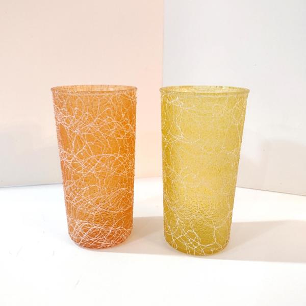 Vintage Spaghetti String Glasses, Set of Two, Color Craft Shat R Pruf 12 Ounce Yellow and Orange Tumblers