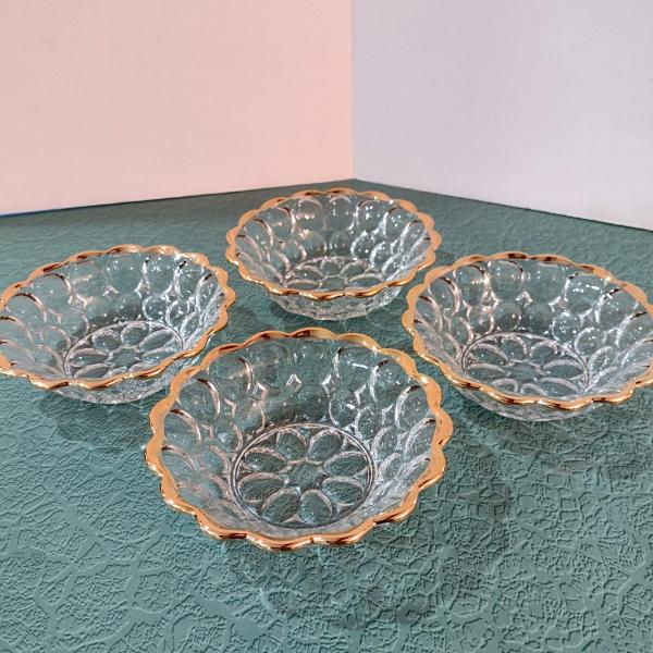 Vintage Jeanette Glass Gold Trimmed Thumbprint Dessert Fruit Salad Bowls, Set of Four