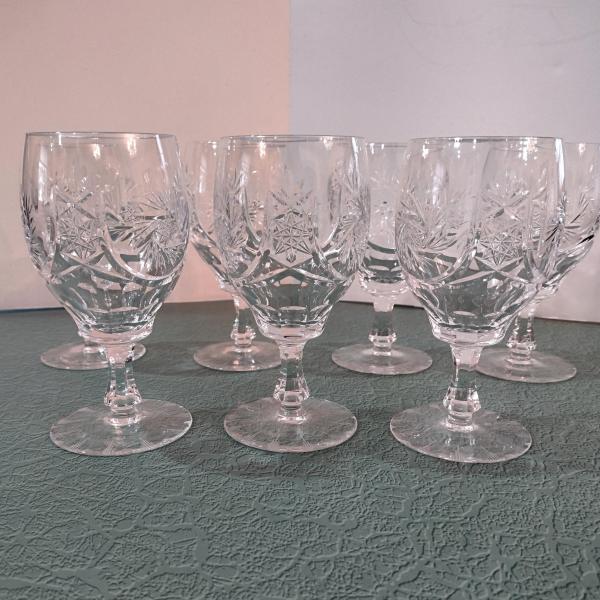 Vintage Hand Cut Crystal Wine Glasses with Star and Pinwheel Design, Set of Seven, Lead Crystal Water Goblets